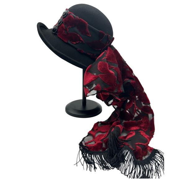 Whittall & Shon Vintage Black Wool Wide Brim Hat Velvet Burnout Scarf Set main image 6
